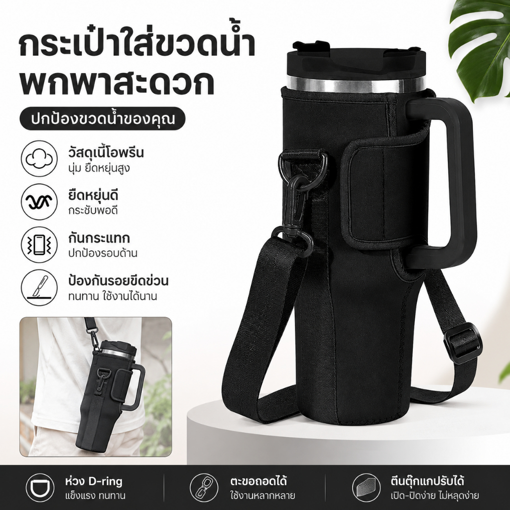 Luxe-T กระเป๋าใส่ขวดน้ำ40ออนซ์สายคล้องไหล่ปรับได้แขนแก้วมัคสีทึบที่วางขวดสำหรับกลางแจ้งเดินป่า