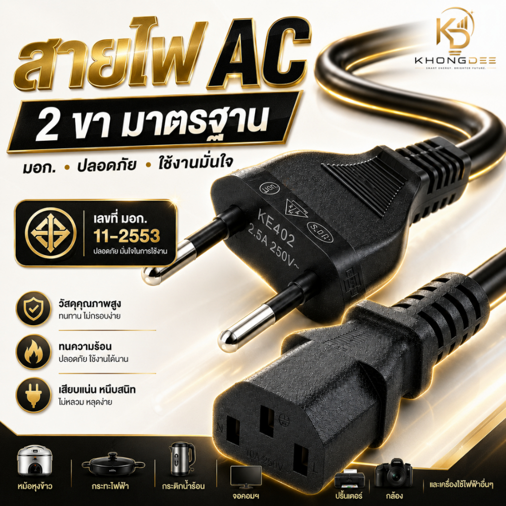 สายไฟ AC POWER 3 รู มี มอก. สายไฟ สามารถใช้กับคอม หม้อหุงข้าว สายไฟมาตรฐาน