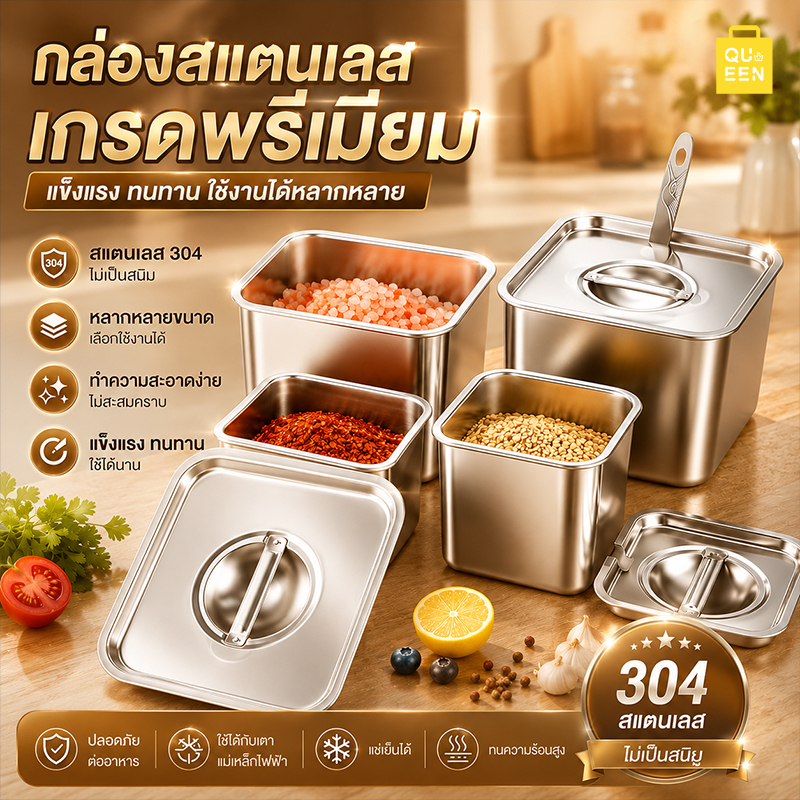 กล่องใส่อาหารสแตนเลส 304 ชามสแตนเลสมีฝา ใส่ข้าว ผัก ผลไม้ เครื่องปรุง ใช้ครัว ร้านอาหาร