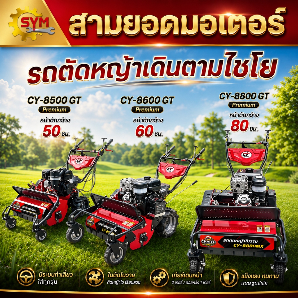รถตัดหญ้าไชโย รถตัดหญ้าเดินตาม หน้าตัดกว้าง40CM,50CM,60CM,70CM,80CM,90CM ไม่ต้องเข็น เดินเองประหยัดแรง