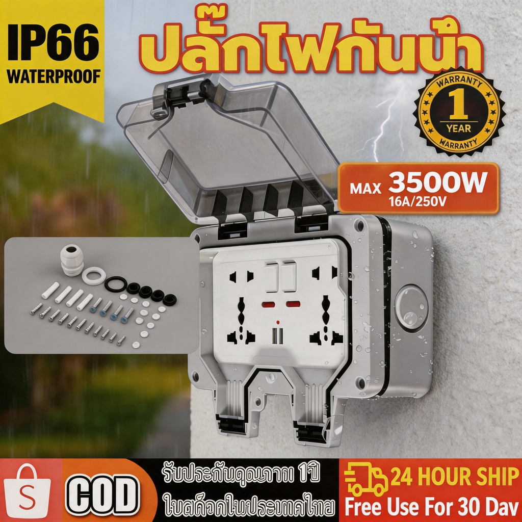 ปลั๊กไฟกันน้ำ กล่องปลั๊กไฟกลางแจ้ง  ปลั๊กพ่วงกันน้ำ  IP66 ทนทานต่อฝนและฝุ่น เหมาะสำหรับสภาพแวดล้อมที่ชื้นเช่นกลางแจ้งและ