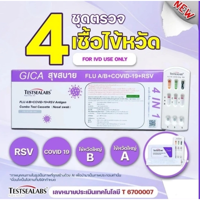 ชุดตรวจคอมโบ ATK 4in1 แบรนด์GICA ชุดตรวจโควิด+ตรวจไข้หวัดใหญ่(FluA FluB)+ตรวจRSV