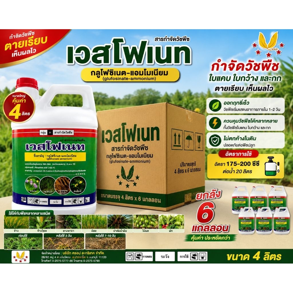 เวสโฟเนท ขนาด 4 ลิตร ยกลัง 6 แกลลอน กลูโฟซิเนต น้ำสีฟ้า กำจัดวัชพืช น้ำสีฟ้า ตายดี กำจัดวัชพืช ทั้งใบแคบและใบกว้าง