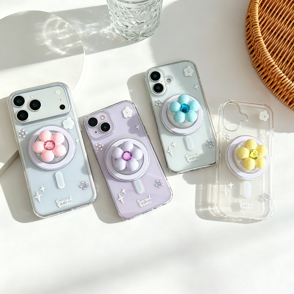 เคสใสชาร์จได้ลายดอกไพร้อมกิ๊บต๊อกไม้ pop up แม่เหล็ก สำหรับ for iPhone 17 pro max 16 pro max 15 pro max 14 13 12 11