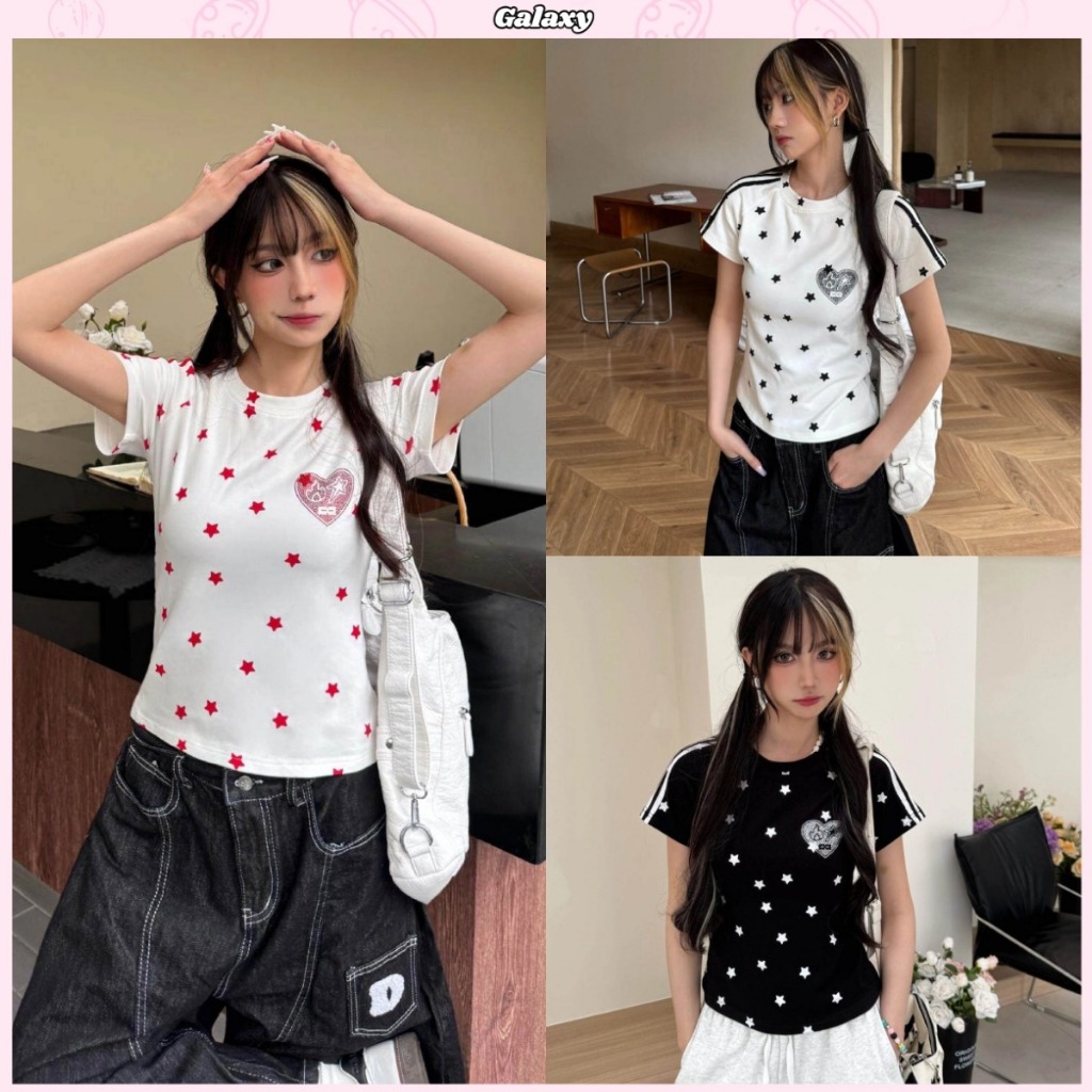 เสื้อแขวนสั้น เสื้อยืดผู้หญิง ลายดาวหัวใจ ปักลายหัวใจ รัดรูป แมตช์ง่าย #020457