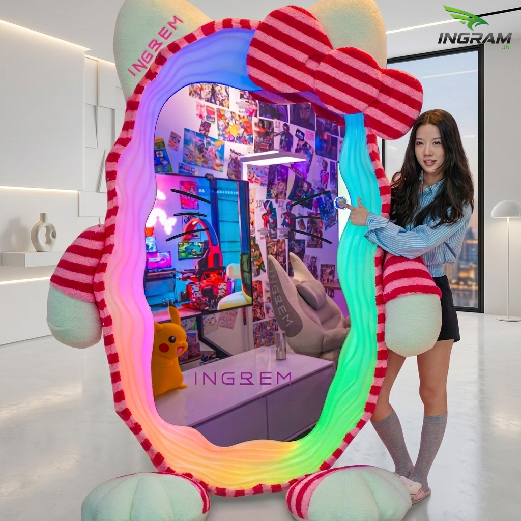 INGREM Rabbit กระจกเต็มความยาว, กระจกคลื่นพื้น Memphis RGB Ambient Light, กระจกแฮปปี้สําหรับอยู่บ้าน