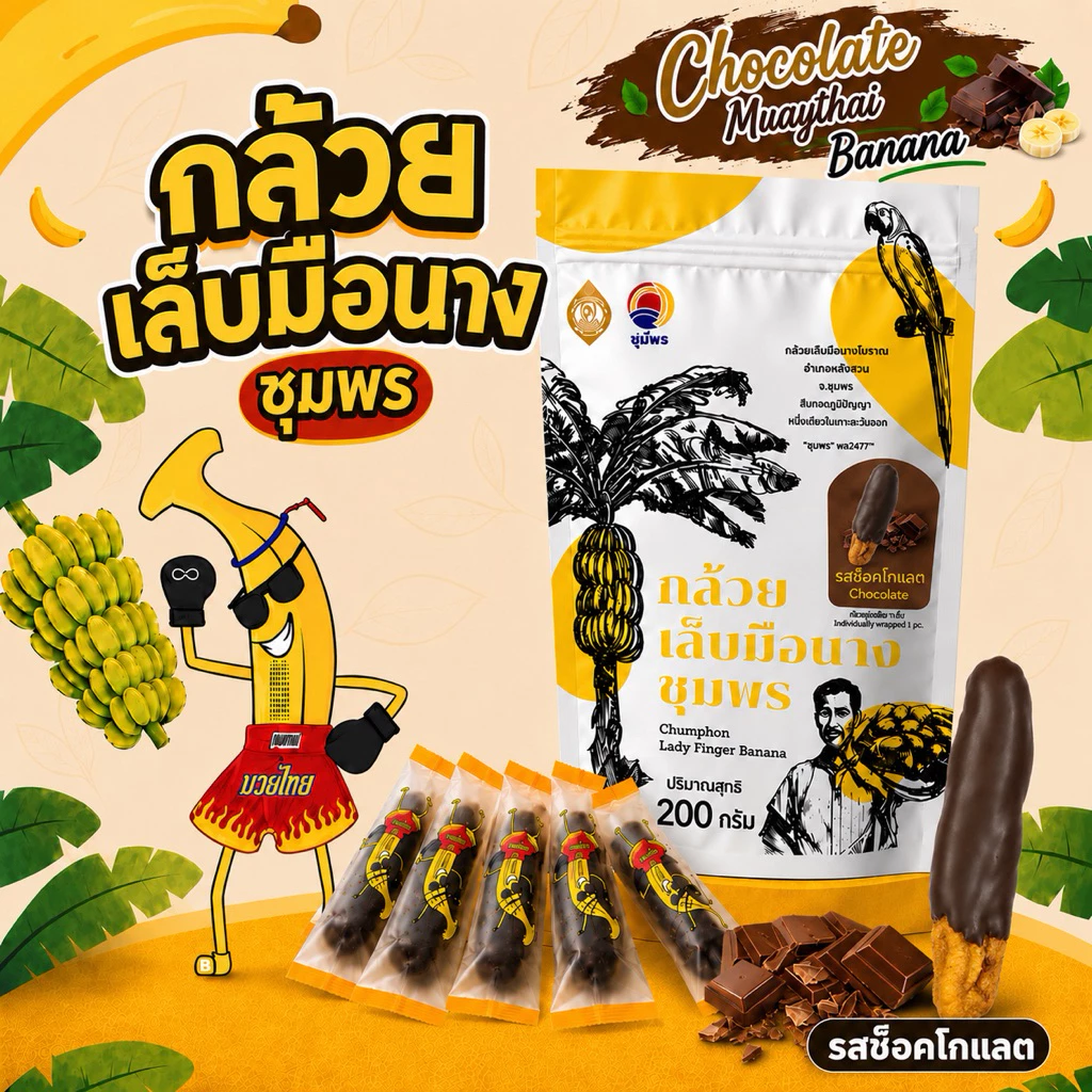 กล้วยมวยไทย รสช็อคโกแลต Chocolate MuayThai Banana กล้วยเล็บมือนางชุมพรอบแห้งเคลือบ ไม่ใส่น้ำผึ้ง น้ำหนังถุงละ200กรัม