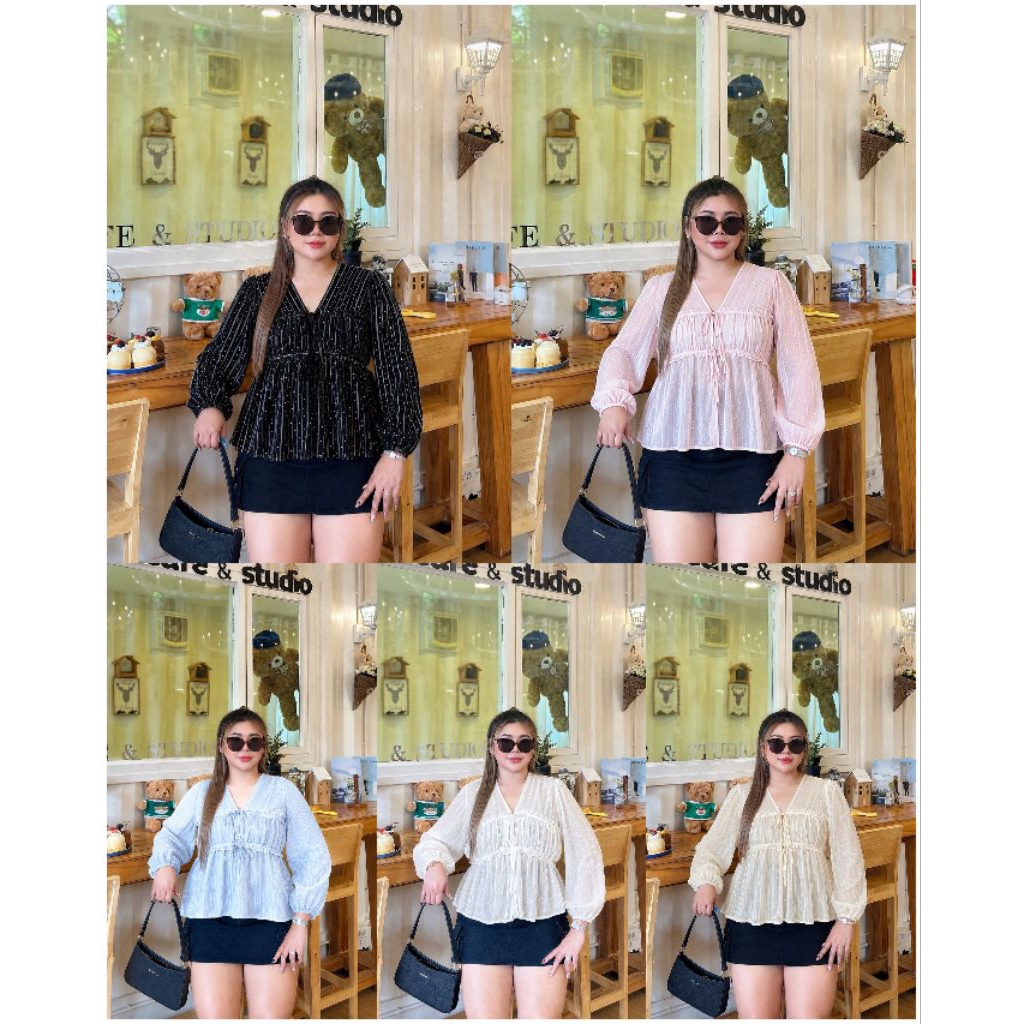 เสื้อสาวอวบผ้าโรซี่  แขนยาวชีฟอง ทรงสวย  แต่งระบายหน้าอก  รอบอก  38-46 นิ้ว