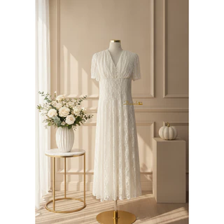 Dz370-Elysian Lace MaxiDress'เดรสยาวลูกไม้สีครีมสวยหรูใส่ออกงาน