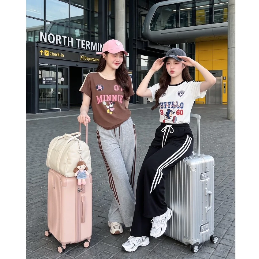 (มี3XL) Maria Diamond มี 2 สี Cool Travel Set เซ็ตวอร์ม 2 ชิ้น เสื้อยืดสกรีนลาย + กางเกงวอร์มขายาวเอวสม็อคมีกระเป๋า
