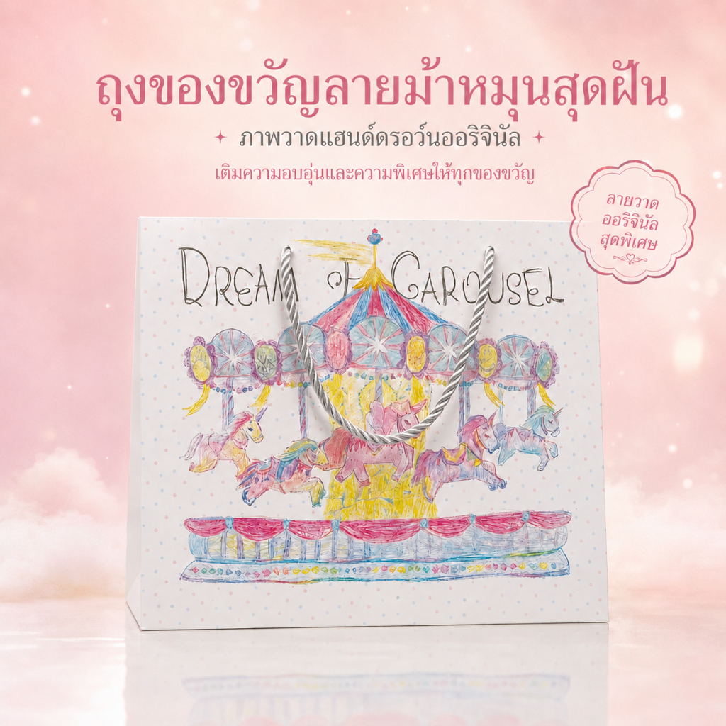 ถุงกระดาษของขวัญลายม้าหมุนวาดมือ 4ขนาด กระดาษหนา หูเชือกเกลียวแข็งแรง ดีไซน์แฟนตาซี ของชำร่วย วันเกิดเด็ก