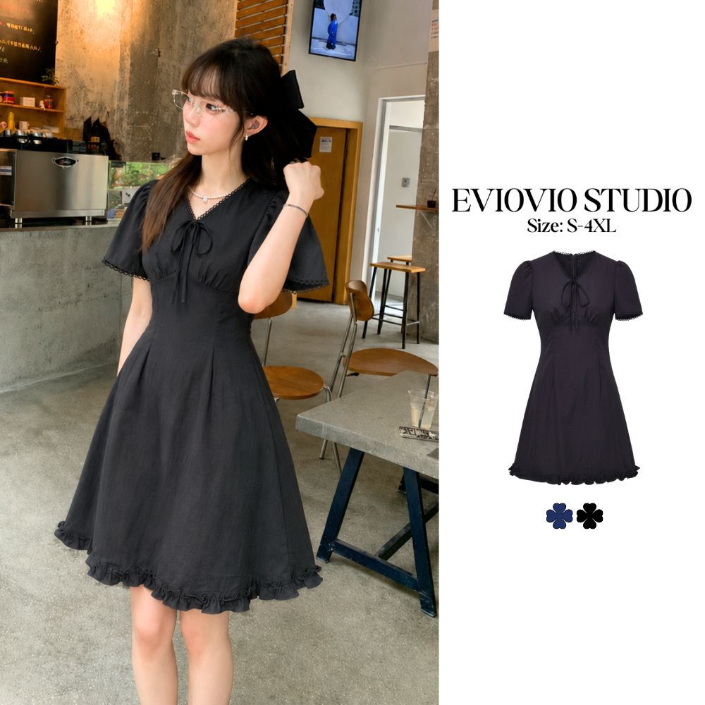 【EVIOVIO】S-4XL🎈เดรสคอวีผูกโบว์ ทรง A-Line สไตล์เกาหลี ชายระบาย เดรสทำงาน ออกงาน เรียบหรู เดรสสาวอวบ พลัสไซส์ พร้อมส่ง🎁