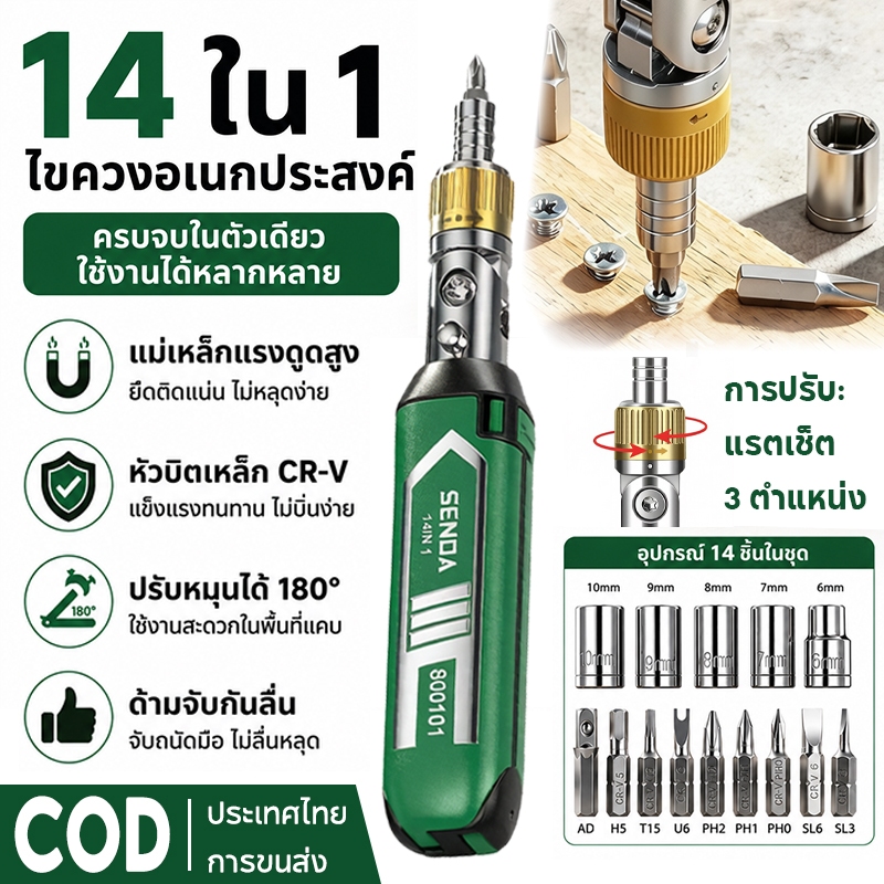 ไขควงแรตเช็ต 14-in-1 ปรับมุมได้ 180° พกพาสะดวก ผลิตจากวัสดุ CR-V เหมาะสำหรับงานซ่อมแซมภายในบ้านและรถยนต์