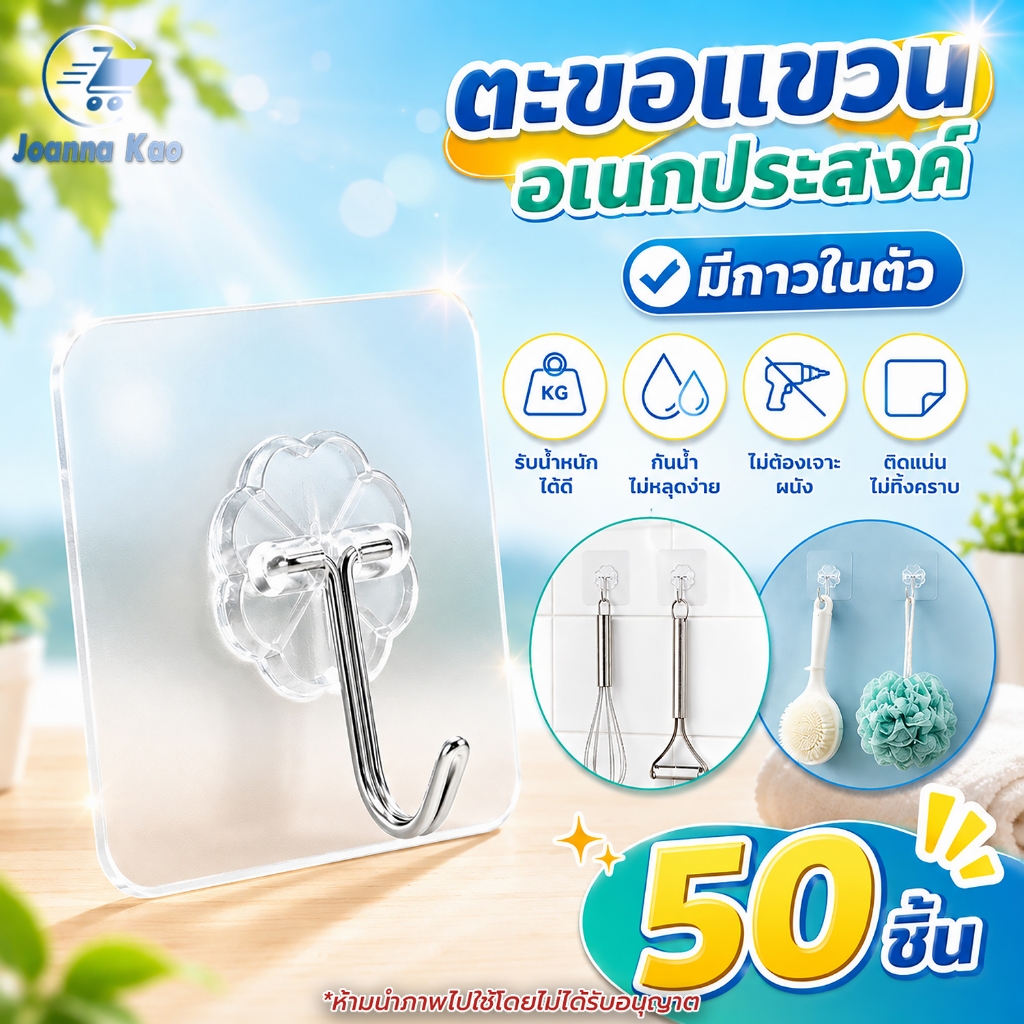 ตะขอแขวนเสื้อ (บรรจุ50ชิ้น) มีกาวในตัว ตะขอติดผนัง ไม่ต้องติดตั้ง ตะขอแขวนอเนกประสงค์