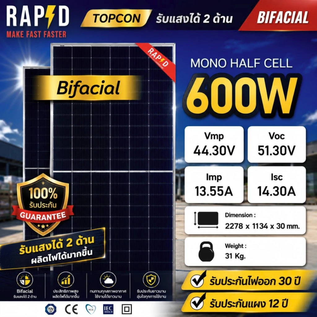 RAPD ส่งฟรี โดยร้านค้า - แผงโซล่าเซลล์ 600W มีของพร้อม (มีรับประกัน) mono Half cell Bifacial