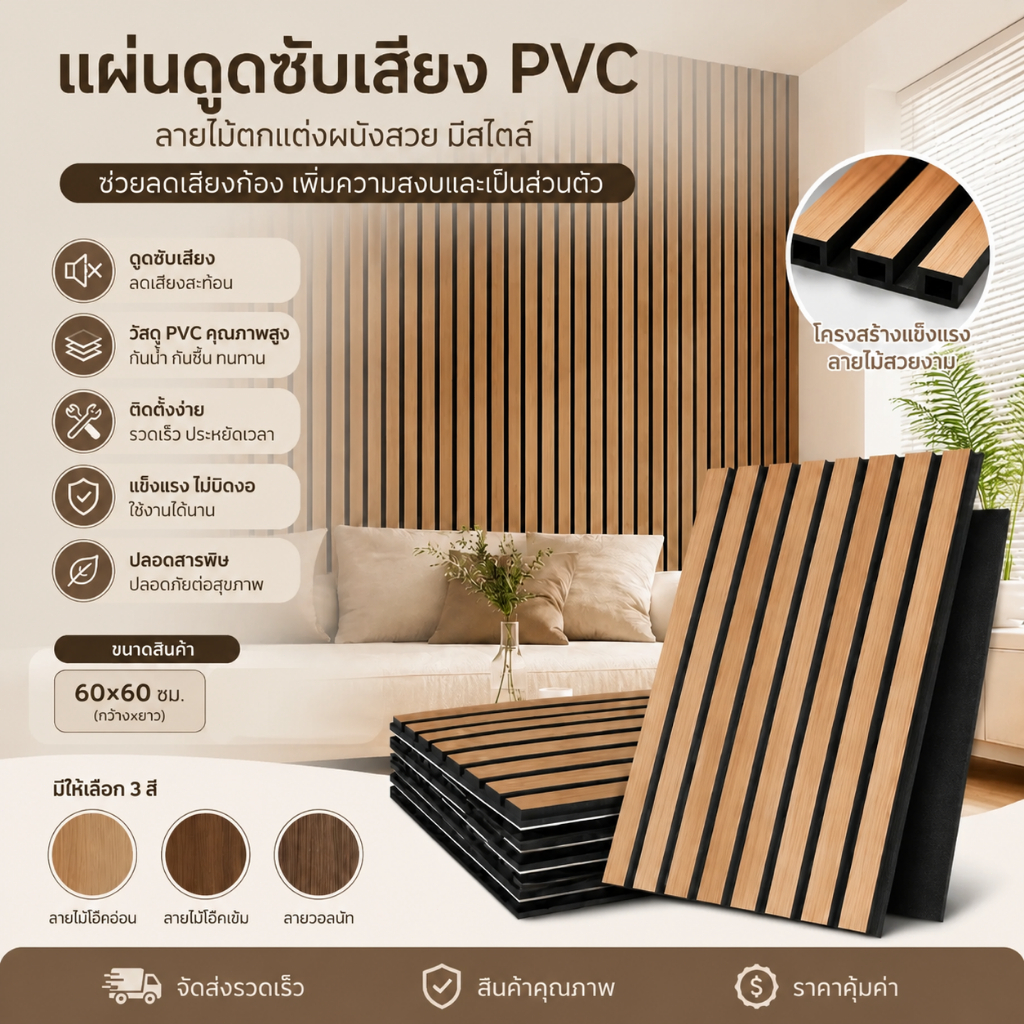 4 ชิ้น แผ่นซับเสียงลายไม้ พีวีซี มีกาวในตัว กันเสียง ลดเสียงก้อง ตกแต่งผนัง สไตล์โมเดิร์น