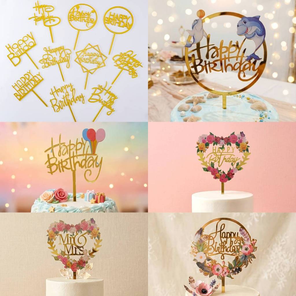 ป้ายปักเค้กอะคริลิคสีทอง Happy Birthday ,Mother,Love  ชุดที่1/2