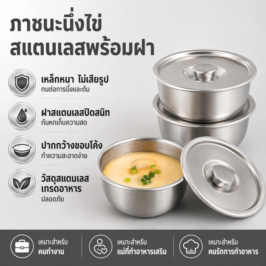 Luxe-T ชามไข่นึ่งสแตนเลสพร้อมฝาปิดสำหรับใช้ในครัวชามซุปของหวานผลไม้ภาชนะใส่อาหารชามใส่เส้นก๋วยเตี๋ยว