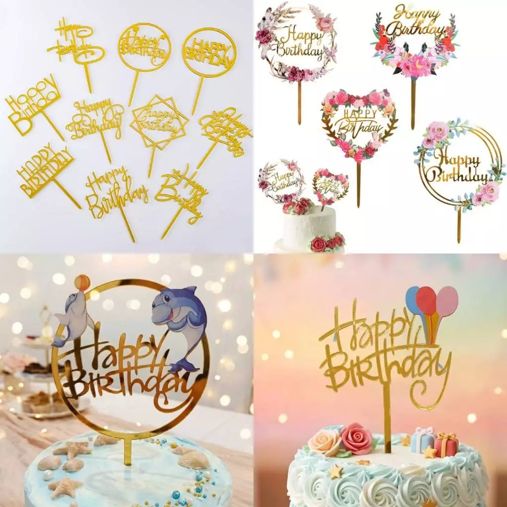 ป้ายปักเค้กอะคริลิคและพลาสติกสีทอง Happy Birthday มีหลายแบบ ชุดที่1/2