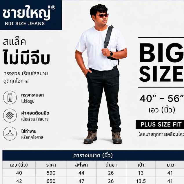 กระบอกเล็ก  เอว 40-60 นิ้ว กางเกงทำงาน Big Size สแลค ไซส์ใหญ่   แบบไม่มีจีบหน้า สินค้าคุณภาพ ผ้าดี งานสวย ทรงสวย