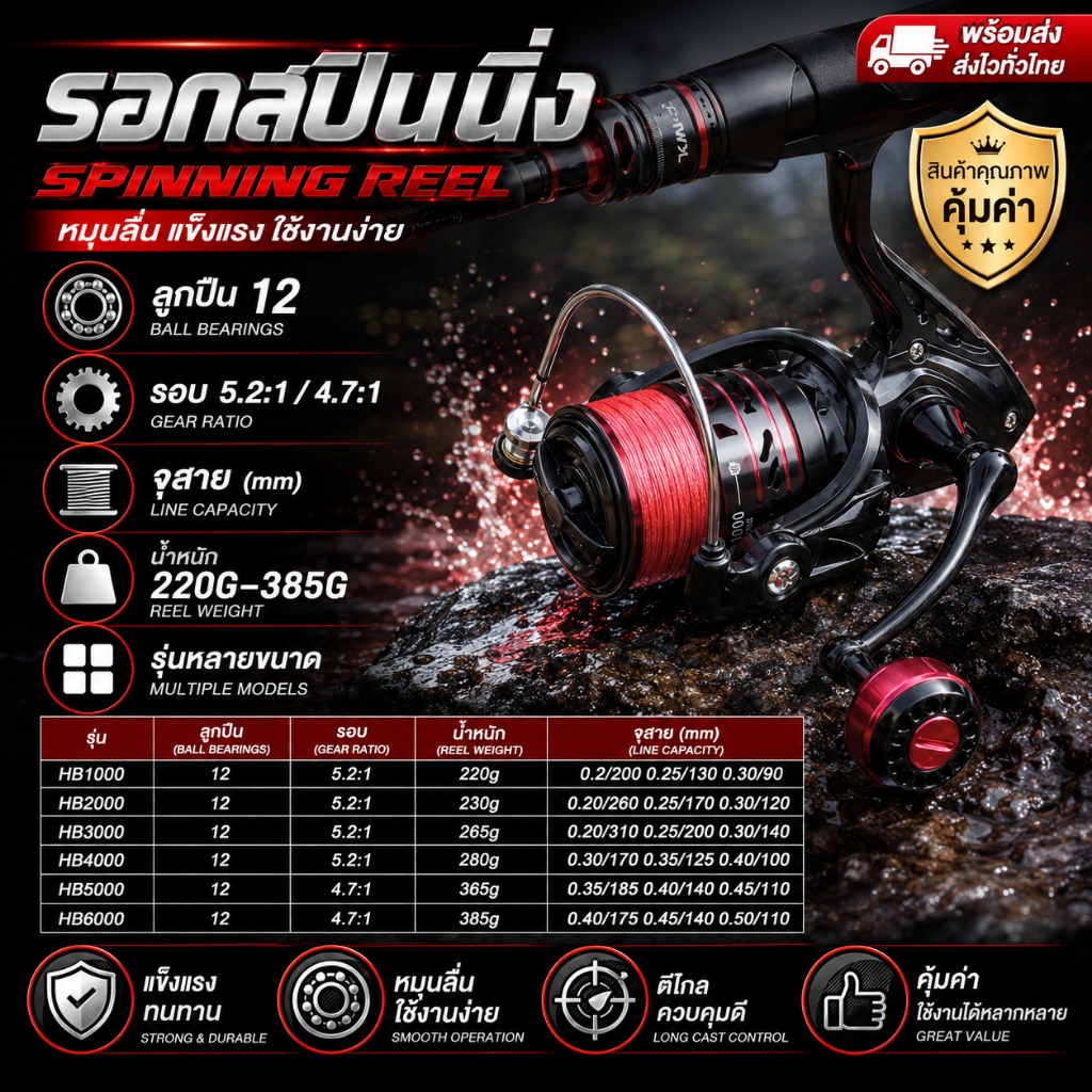 รอกสปินนิ่ง รุ่น HB1000-7000 Gear Ratio 5.2:1 ด้ามจับโลหะ/EVA ซ้ายขวามือ กันน้ำทะเล กันสนิม