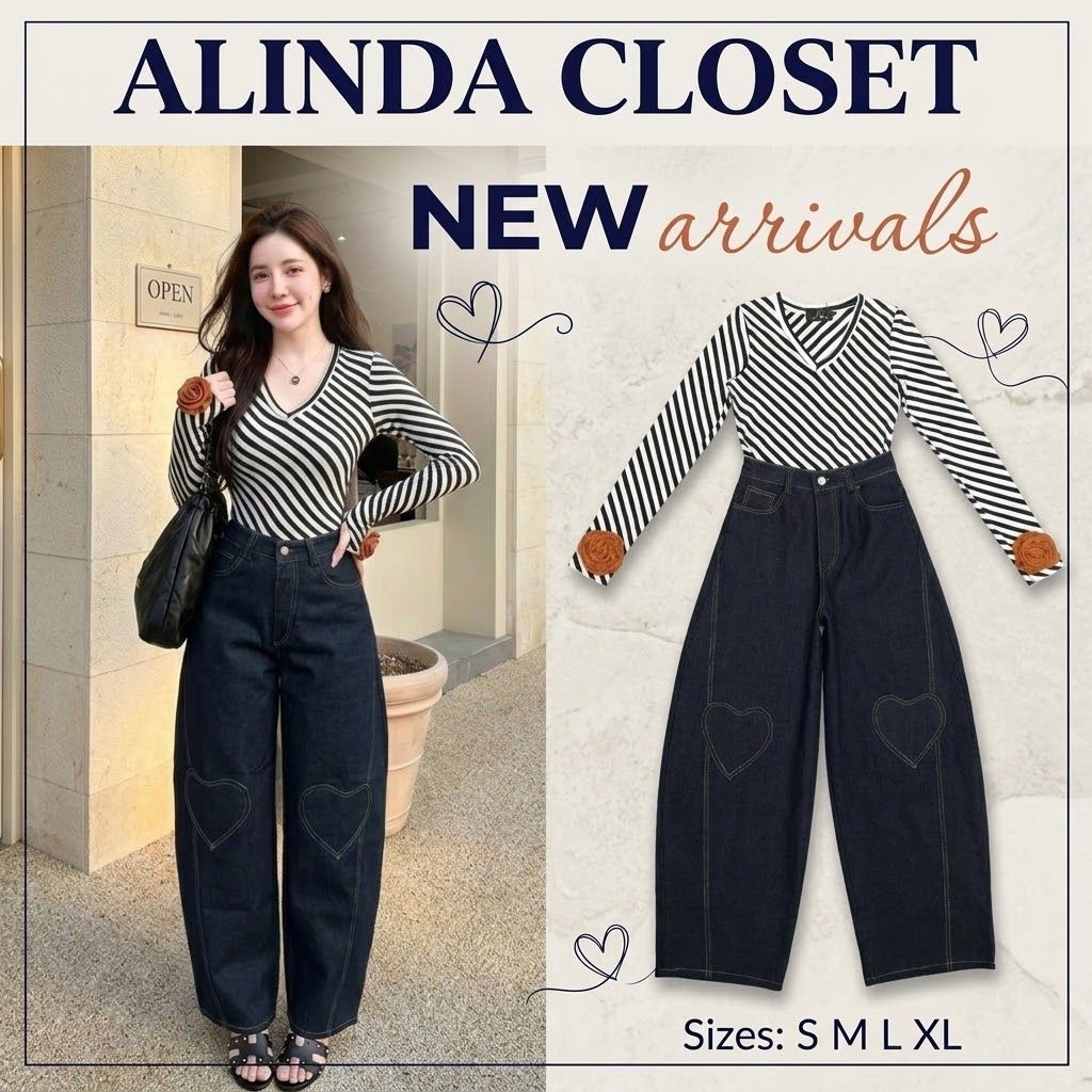 𝘼𝙇𝙄𝙉𝘿𝘼 𝘾𝙇𝙊𝙎𝙀𝙏 ᯓ ★ ชุดเซ็ต 2 ชิ้น เสื้อคอวีแขนยาวลายทาง+กางเกงยีนส์สีเข้มทรงบาร์เรล+เข็มกลัดดอกไม้