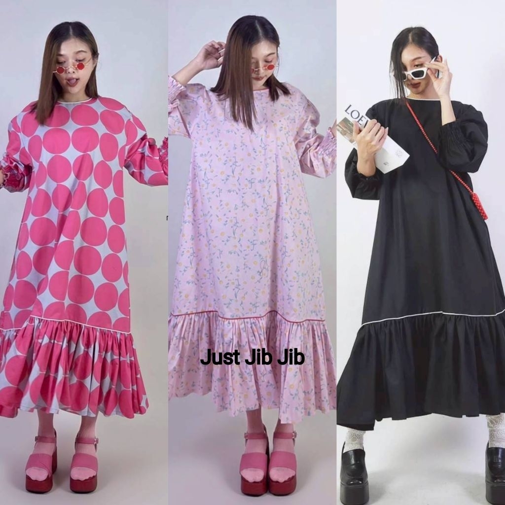 Maxidress แขนยาวปลายสม็อค กระโปรงต่อชายระบาย