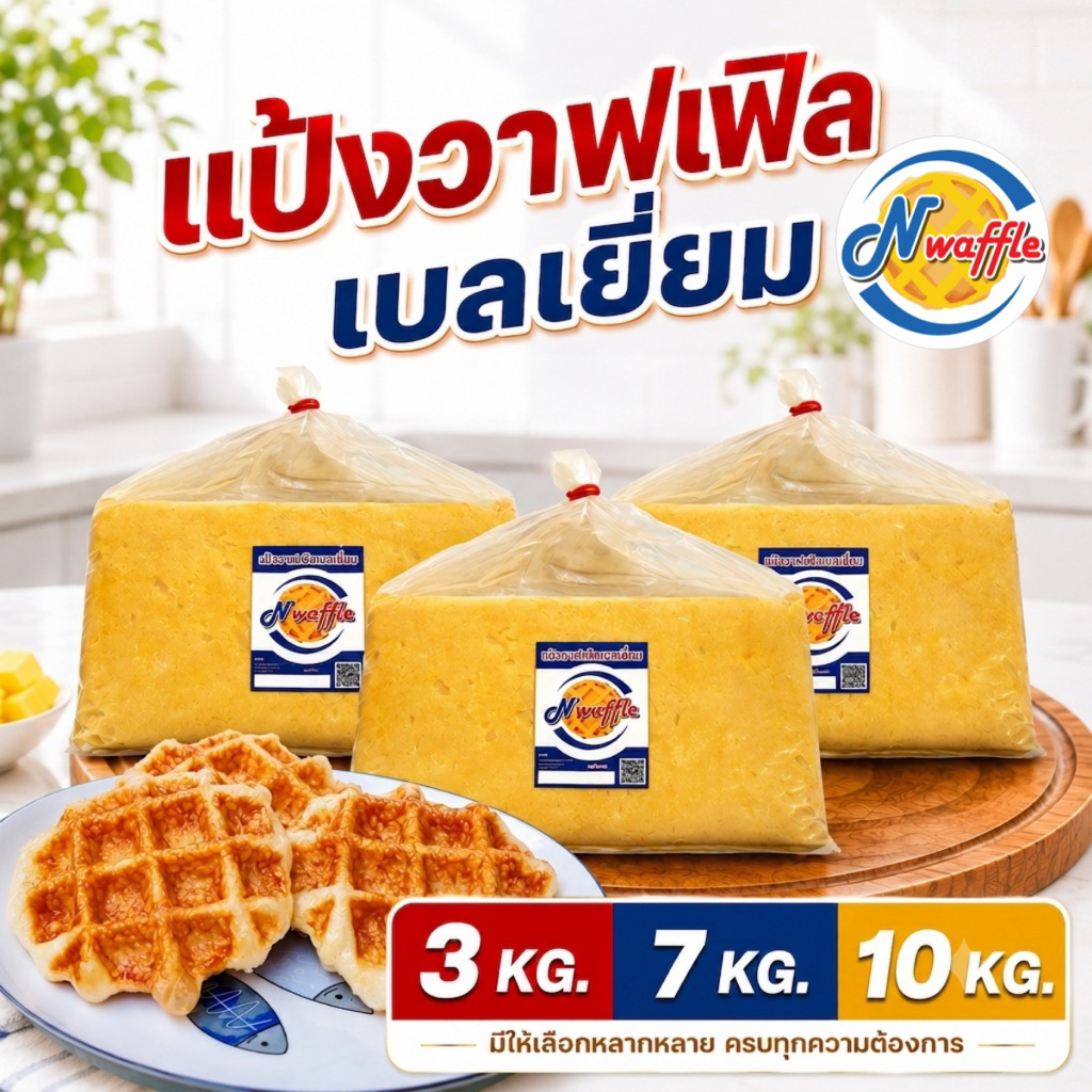 N Waffle แป้งทำขนมวาฟเฟิลเบลเยี่ยมสำเร็จรูปแช่แข็งขนาด 3, 7. 10 KG ใช้เนยแท้ จัดส่งแบบแช่เย็น