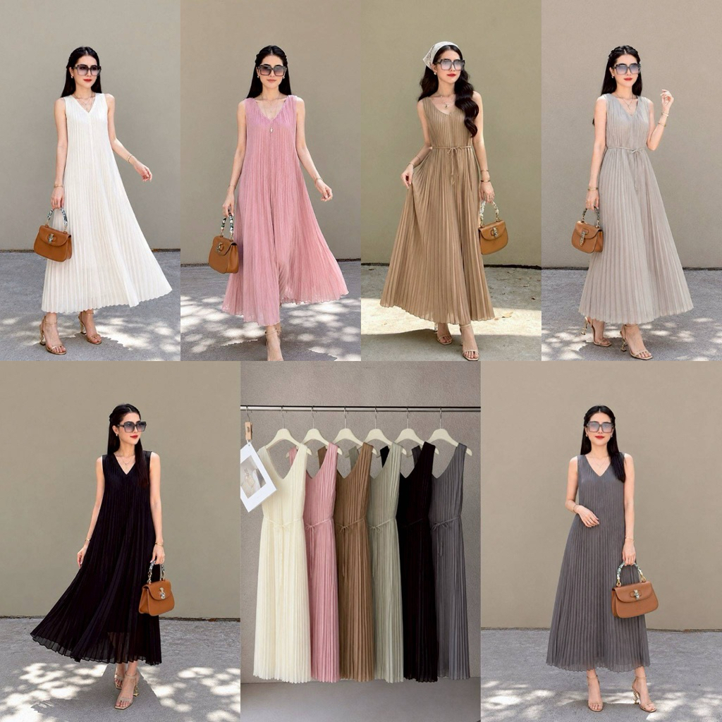 Classic Plete Maxi Dress เดรสอัดพลีท แขนกุด ผ้าชีฟอง ใส่เที่ยว ใส่ออกงาน