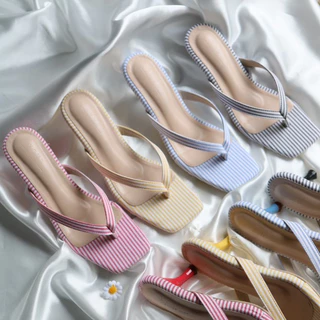 YOURSHOES N50 / รองเท้าส้นสูง 2.7นิ้ว รองเท้าหูหนีบ รองเท้าผ้าลายทาง