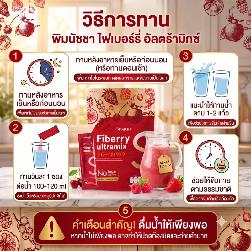 Pimnatcha  Fiberry ไฟเบอร์รี่ พิมพ์นัชชา รสเบอร์รี่  1 ห่อ 30 ซอง ปริมาณ 450 กรัม Sheint thumbnail 4