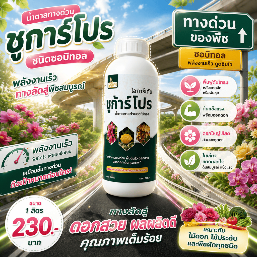 ชูก้าโปร น้ำตาลทางด่วน ซอร์บิทอล บำรุงต้น ฟื้นฟูพืช เร่งดอก เพิ่มความหวาน ใช้ได้กับไม้ดอก ไม้ผล และพืชผัก ขนาด1 ลิตร