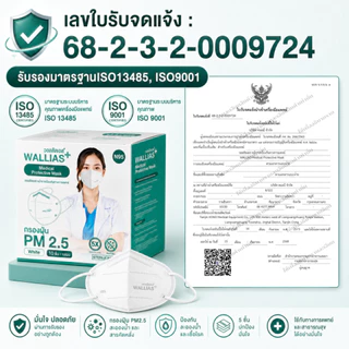 【 N95ผู้ใหญ่ แบบ 50 ชิ้น 】Wallias N95 หน้ากากอนามัยทางการเเพทย์ ป้องกันฝุ่น PM2.5 เชื้อโรค แบคทีเรียได้