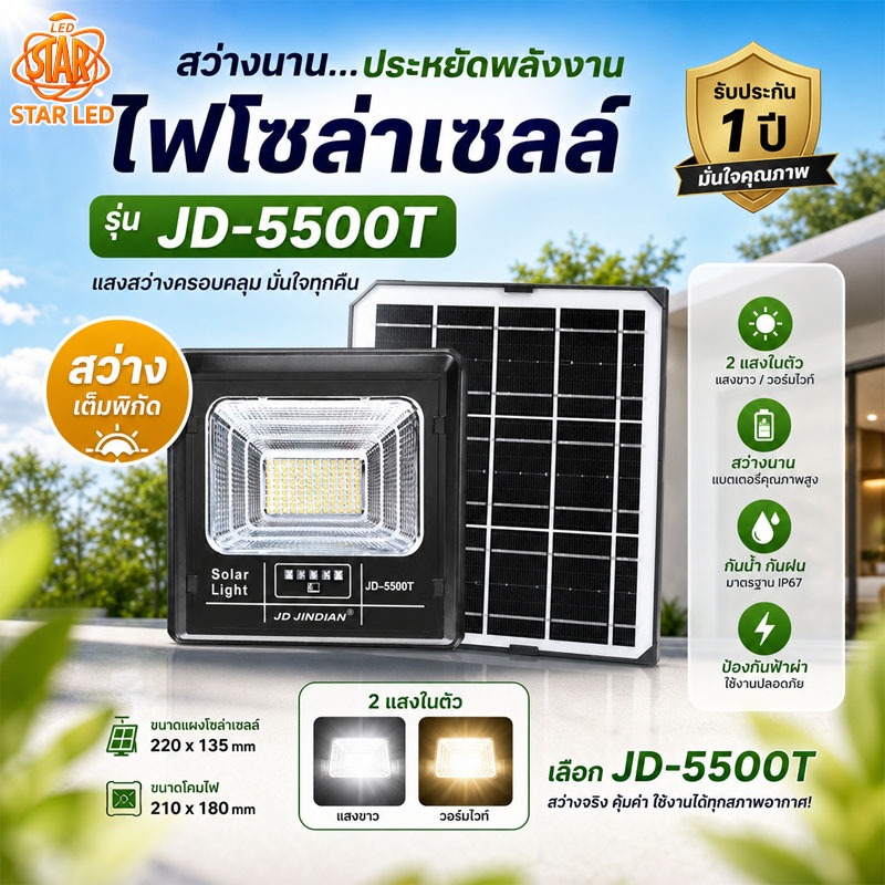 ไฟสปอตไลท์โซลาร์ LED รุ่น JD-T 5500T กันน้ำ IP67 กันฟ้าผ่า กลางคืนเปิดอัตโนมัติ สว่างทั้งคืน รับประกัน 1 ปี สำหรับกลางแจ