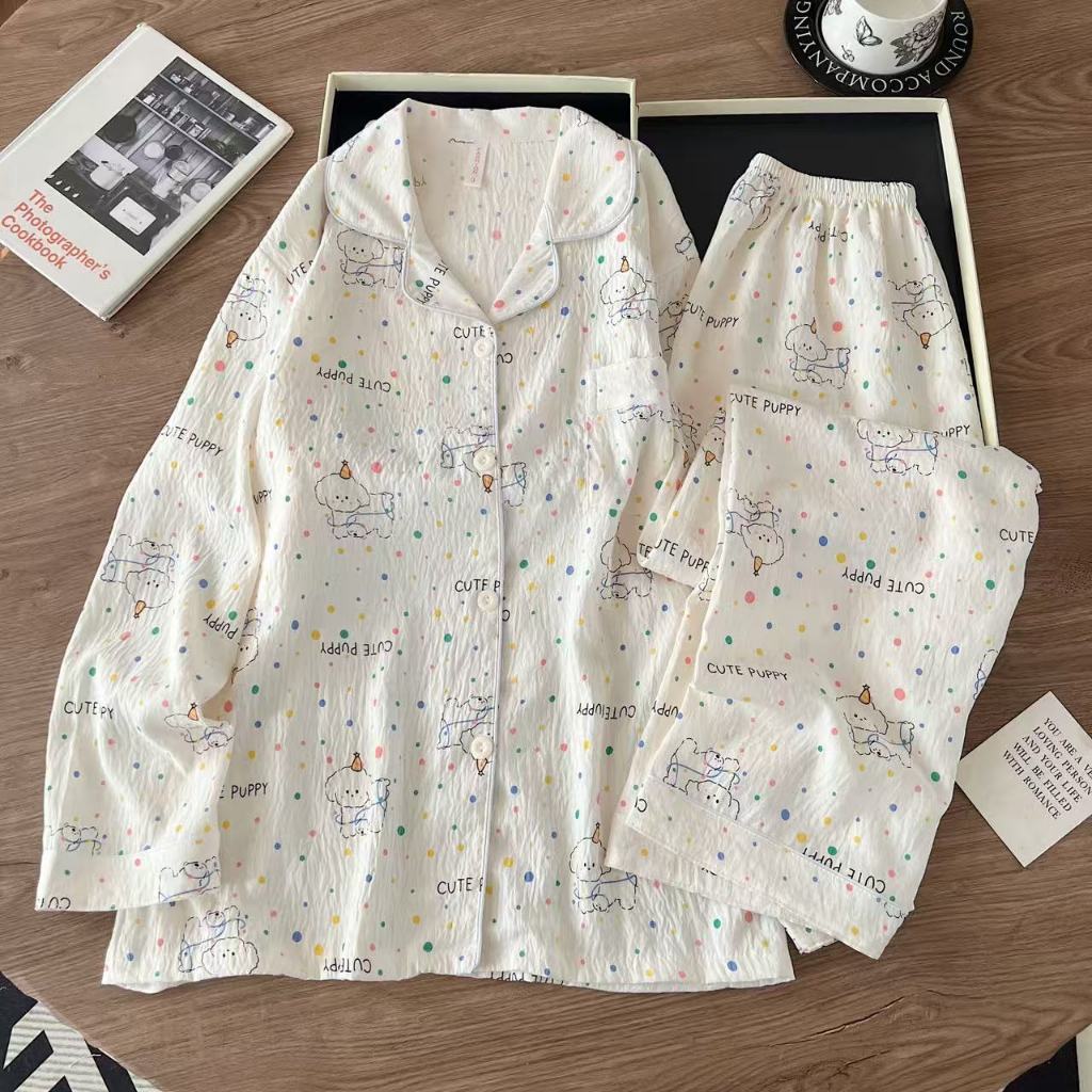 🧸🤍 ชุดนอน 2 ชิ้น สีขาวลายหมีการ์ตูนน่ารัก เสื้อแขนยาว+กางเกงขายาว ผ้าคลาวด์คอตต้อนนุ่มอ่อนโยนต่อผิว ใส่สบาย สไตล์น่ารักเ