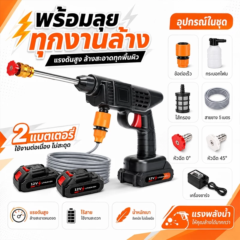 TURBO เครื่องฉีดน้ำแรงดันสูงไร้สาย ปืนฉีดน้ำล้างรถพกพา เครื่องล้างรถและมอเตอร์ไซค์ พร้อมแบตเตอรี่คู่ ใช้งานสะดวก