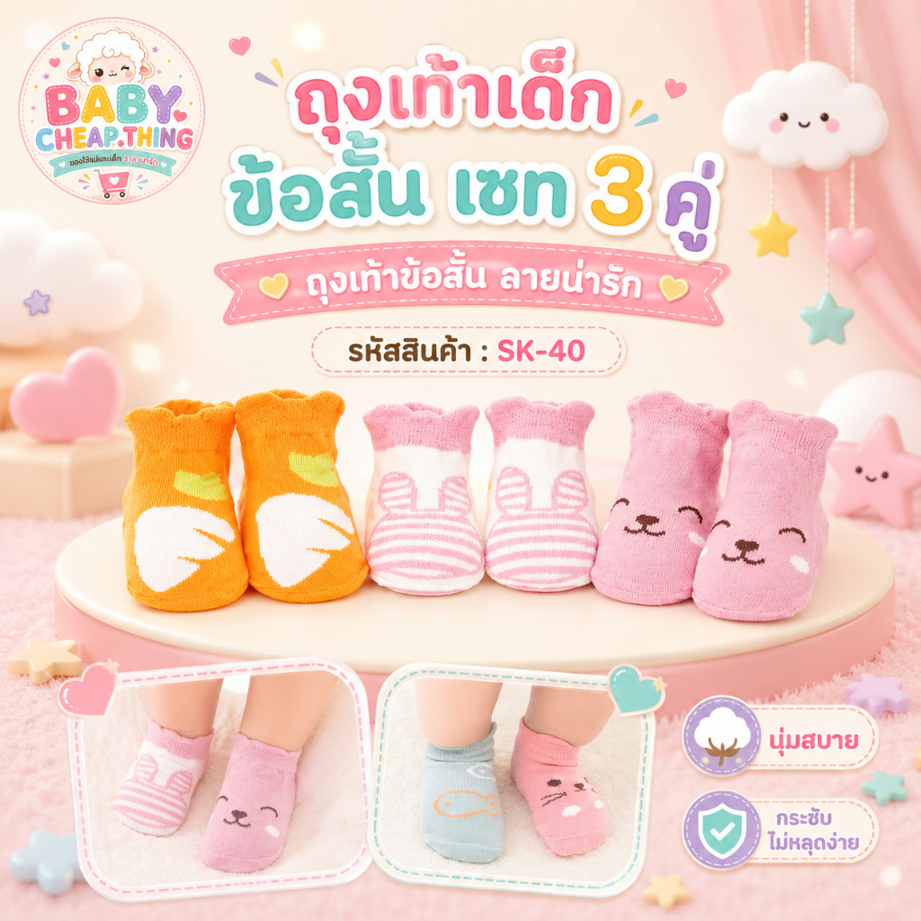 ถุงเท้าเด็ก (Sk40) - ถุงเท้าเด็กเซท 3 คู่ ลายสัตว์ V.2