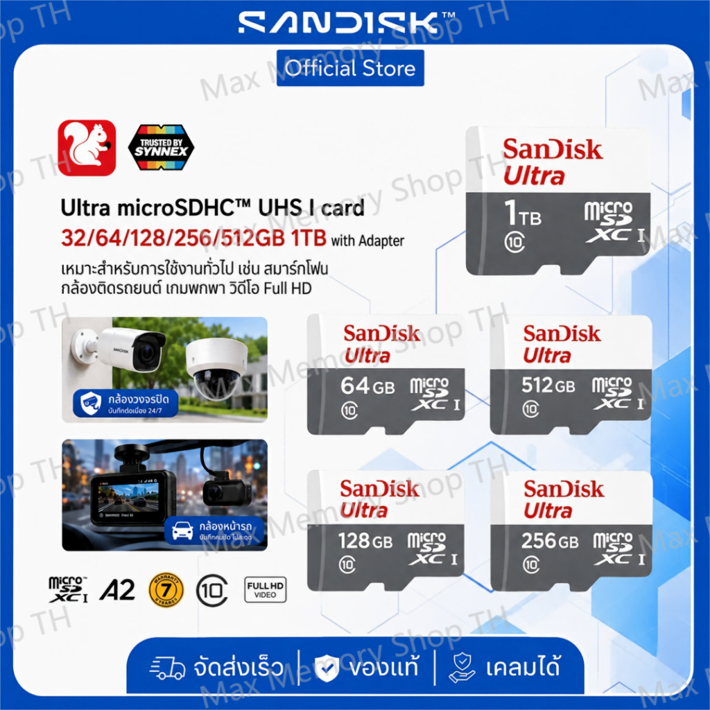 (ส่งไว) SanDisk Ultra Micro SD Card 32GB 64GB 128GB 256GB 512GB 1TB Class10 ของแท้ กล้องวงจรปิด โทรศัพท์ TF Card