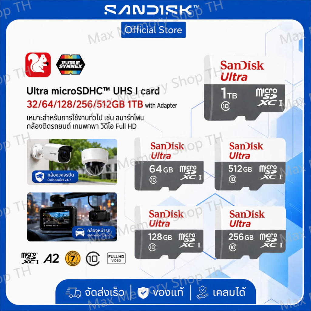 SanDisk Micro SD Card Class10 32GB 64GB 128GB 256GB 512GB 1TB ความเร็ว 100MB/s สำหรับโทรศัพท์ มือถือ กล้องติดรถยนต์ กล้