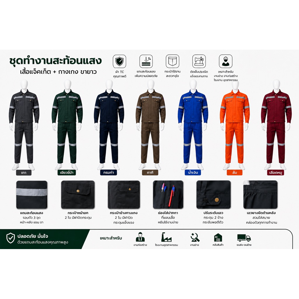 ชุดช่างสะท้อนแสง เสื้อแจ็คเก็ต + กางเกงขายาว 6กระเป๋าข้าง รุ่นงานอุตสาหกรรม | ไซส์ S-6XL