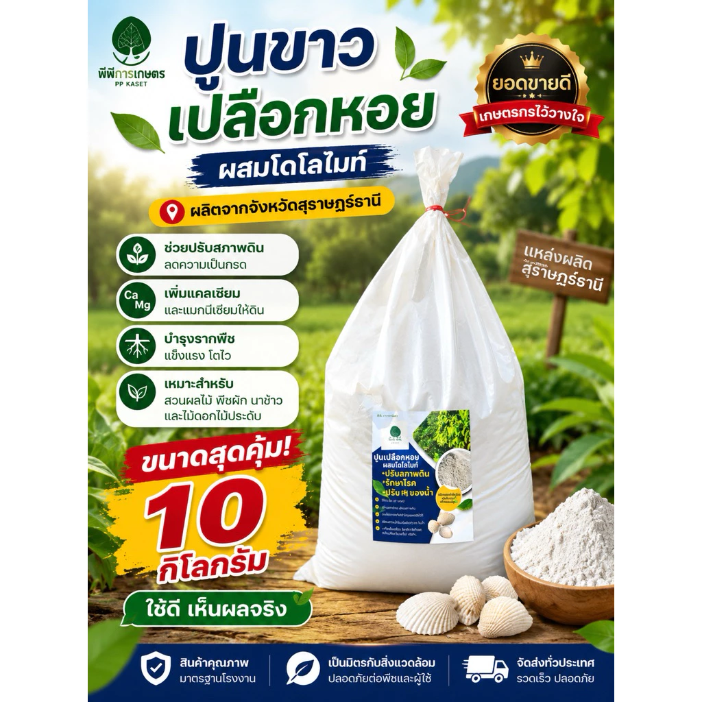 ✅พร้อมส่ง ปูนขาวเปลือกหอย ปรับสภาพดิน 10กิโล ผสมแร่โดโลไมท์ของแท้ 100% สุราษฎร์ธานี แก้ใบเหลือง ศัตรูพืช