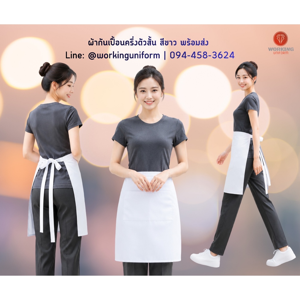 ผ้ากันเปื้อนแบบครึ่งตัวสั้น สีขาว กระเป๋ากลาง