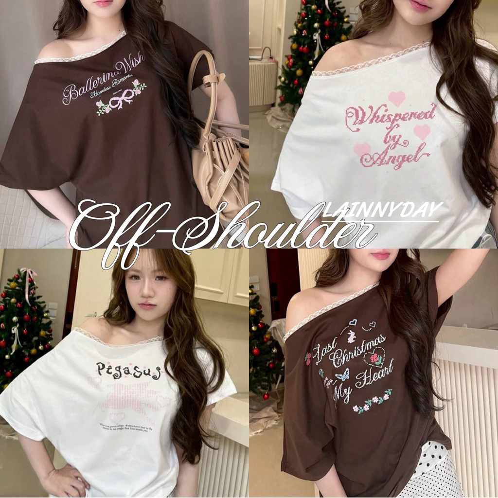 เสื้อปาดไหล่เฉียง แต่งลูกไม้ ทรงโอเวอร์ไซส์ The Pumpkins