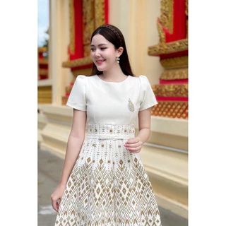 PIRA DRESS เดรสผ้าฝ้าย งานอัดกาวทั้งชุด สีขาว