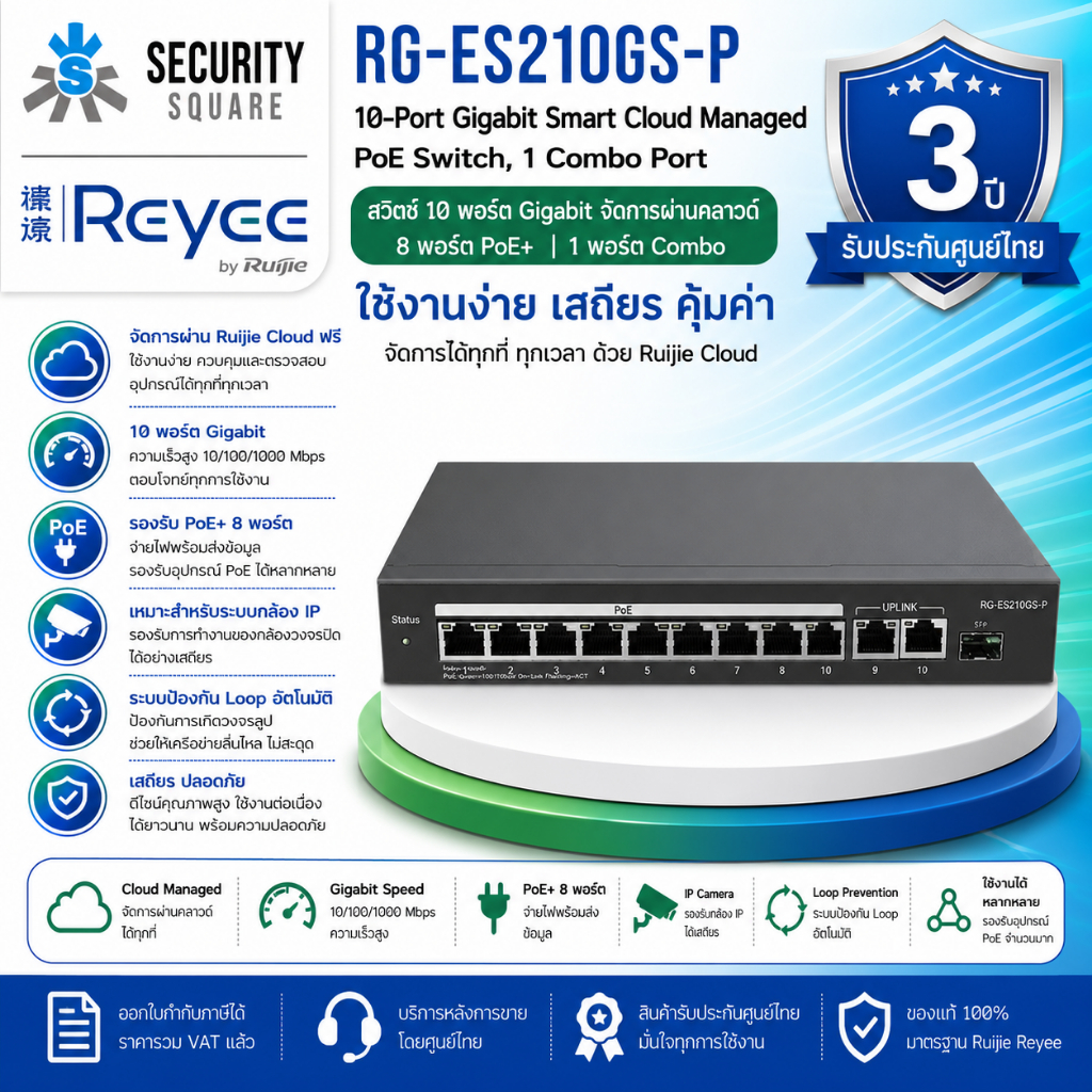 Ruijie Reyee RG-ES210GS-P สวิตช์ 10 Port Gigabit Smart Cloud Managed 8 Port PoE + 1 Combo Port [ประก