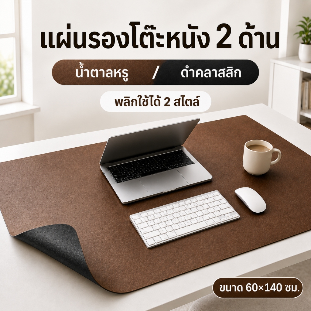 แผ่นรองโต๊ะหนัง PU 2 ด้าน 60×140 ซม. แผ่นรองเมาส์ขนาดใหญ่ กันน้ำ เช็ดง่าย ป้องกันรอยโต๊ะ น้ำตาล/ดำ