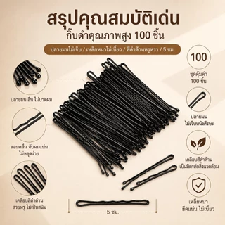 กิ๊บติดผมสไตล์เกาหลีสีดำ 100ชิ้น/เซ็ต NoBrand หนา ติดแน่น สีไม่หลุด มีแบบตรง/โค้งงอ ใช้ได้ทุกโอกาส