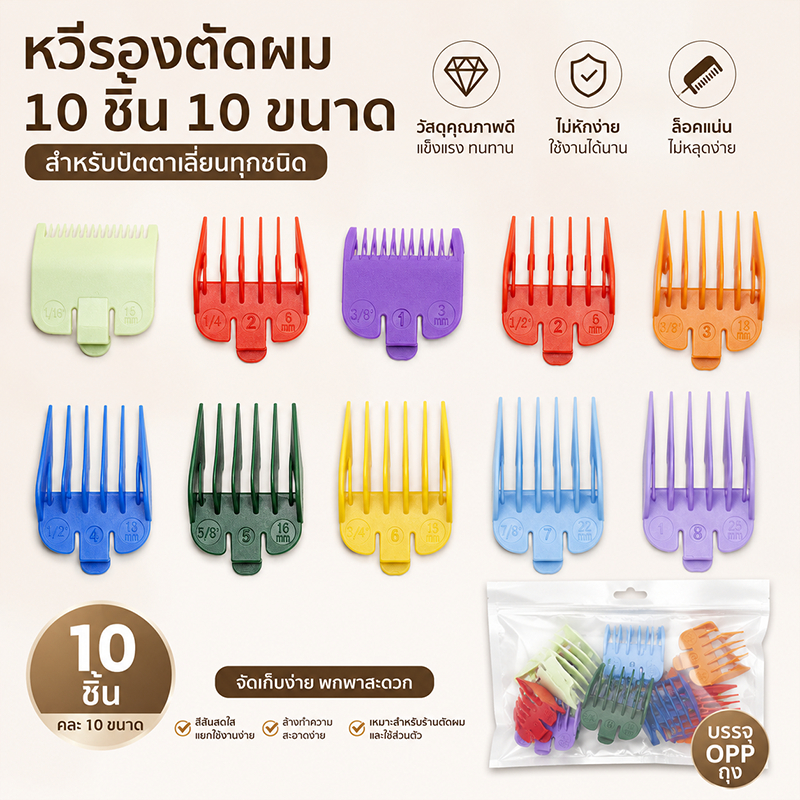 ชุดหวีรองปัตตาเลี่ยนผมแบบสากล 10 ชิ้น อุปกรณ์เสริมการโกนหนวดมืออาชีพ ขนา