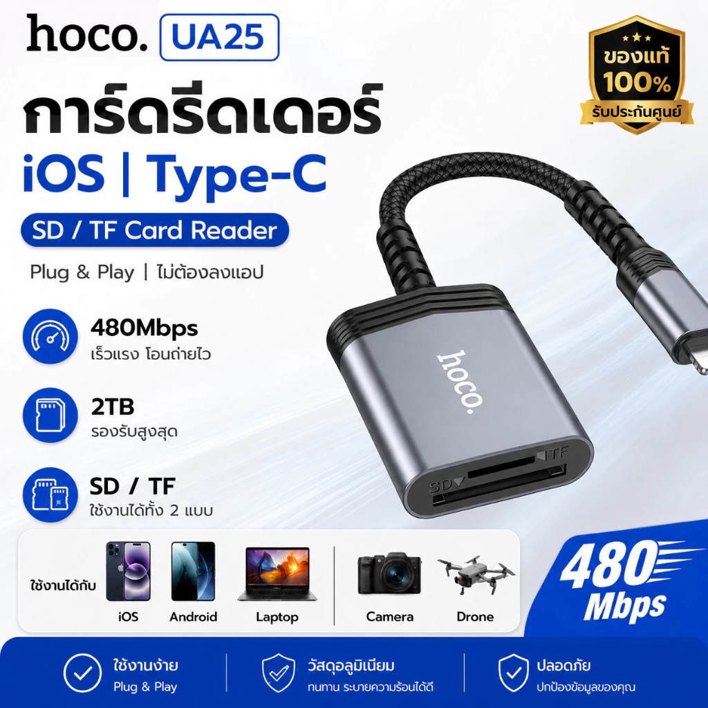 HOCO UA25 การ์ดรีดเดอร์ iOS Type-C Card Reader SD TF Micro SD OTG 480Mbps รองรับ 2TB Plug & Play