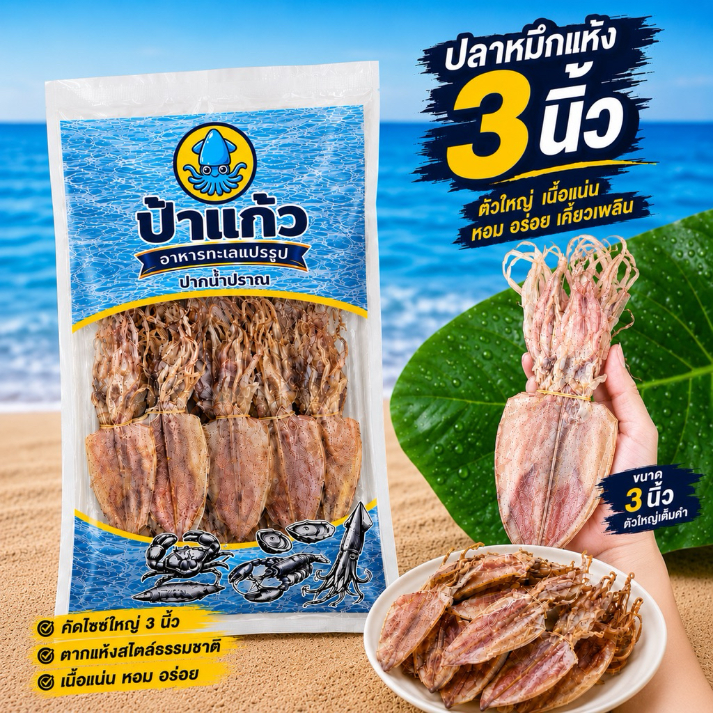 ปลาหมึกแห้ง 3 นิ้ว เนื้อหนึบ ไม่เค็ม หวานธรรมชาติ จากทะเลแท้